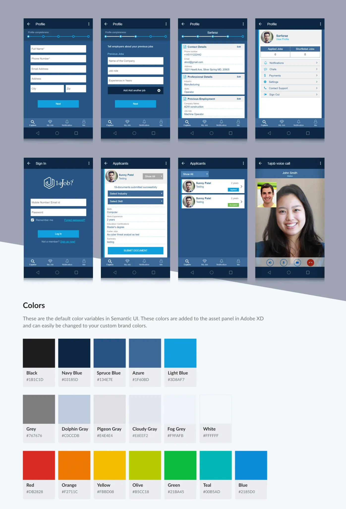 1aJob mobile application design — Interface screens and color system