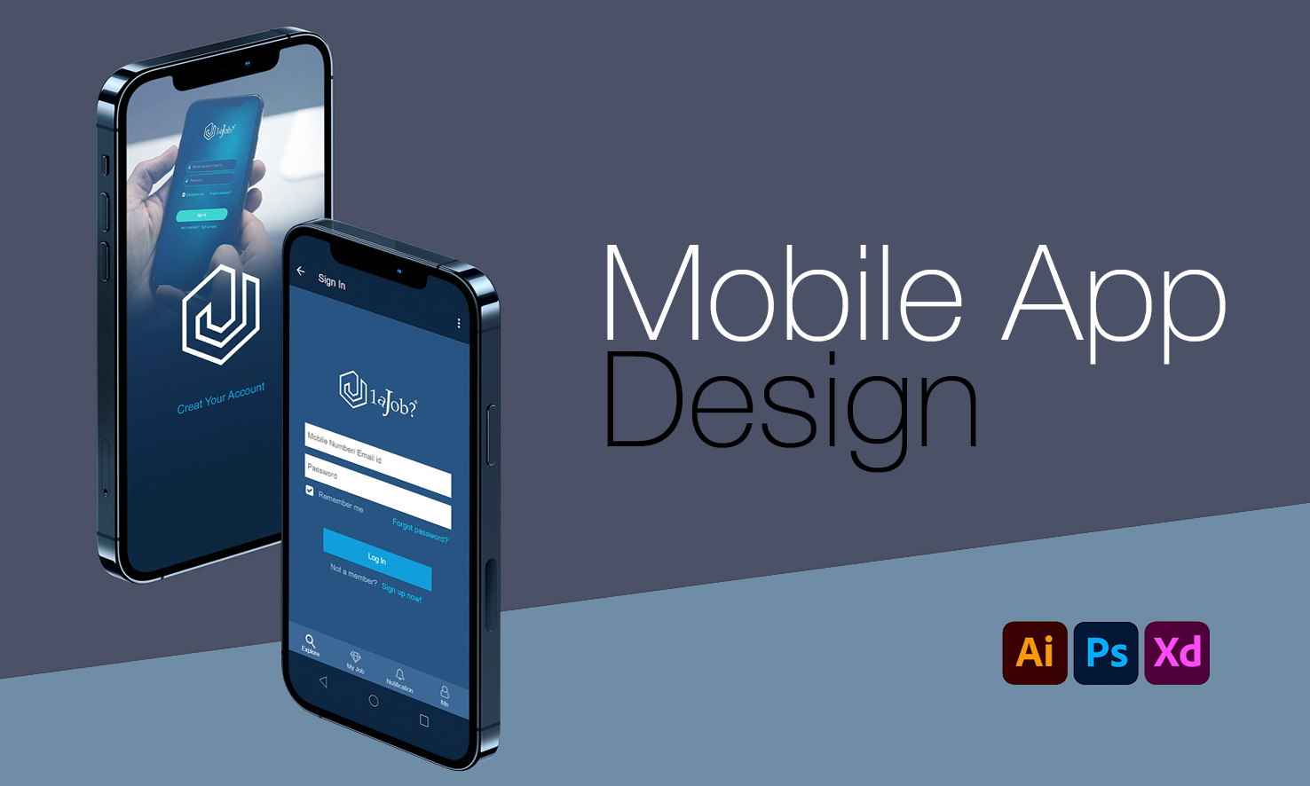 1aJob Mobile App Design smartphone mockups and visual design presentation