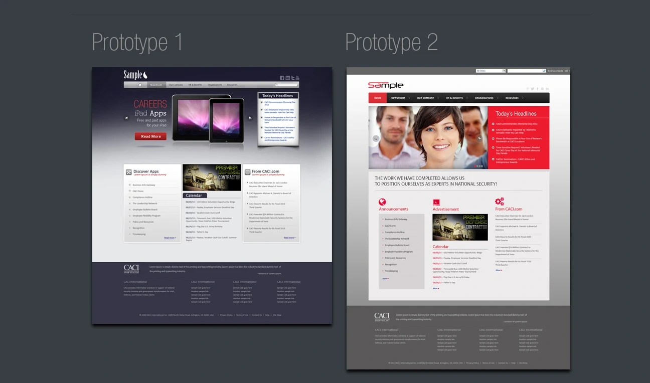 CACI Internal Portal — Two visual prototype directions