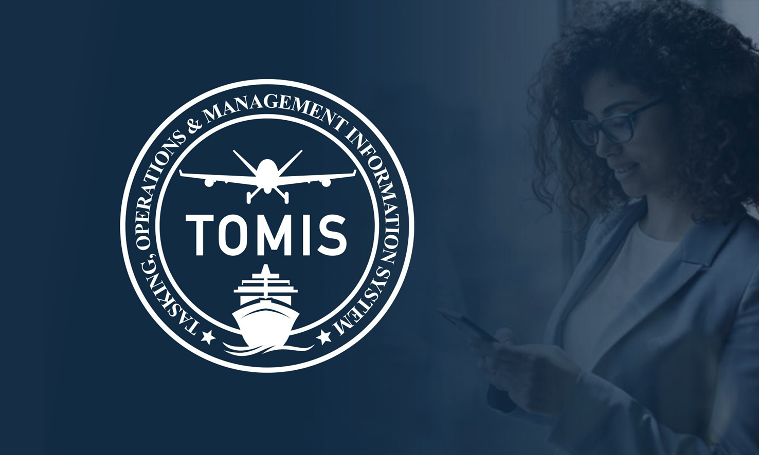 TOMIS white emblem on navy background with professional using smartphone